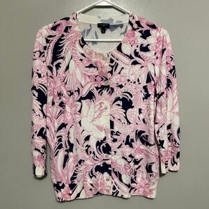 Talbots Women Cardigan LP Pink Navy Floral Paisley Beaded Button Front Coastal